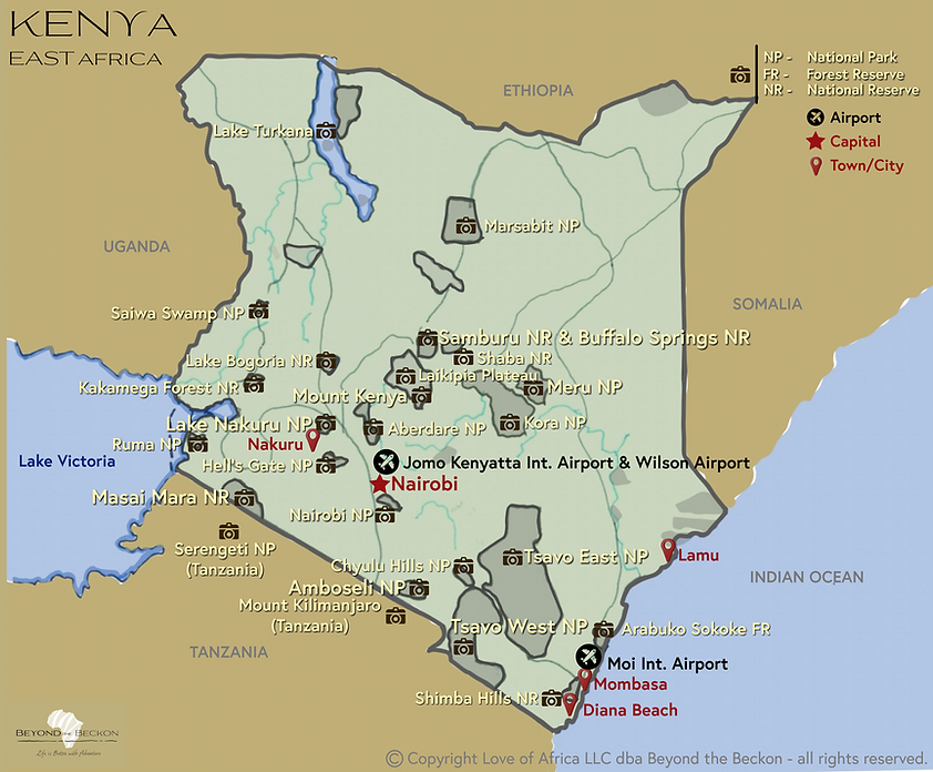 Kenya Map - major cities, airports and national parks
