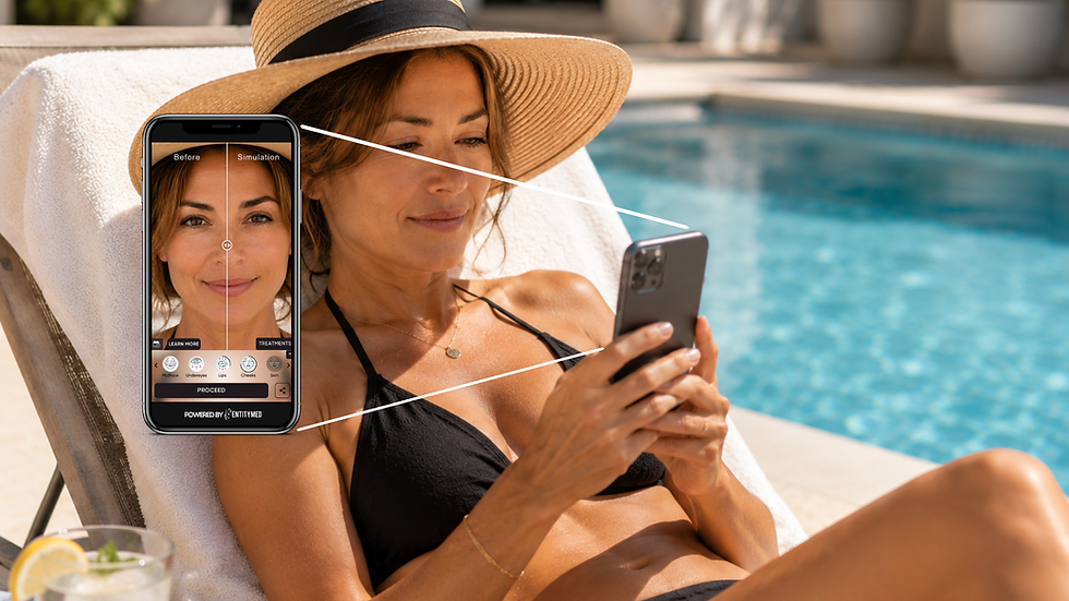 Woman trying the AI Simulator while sitting by the pool