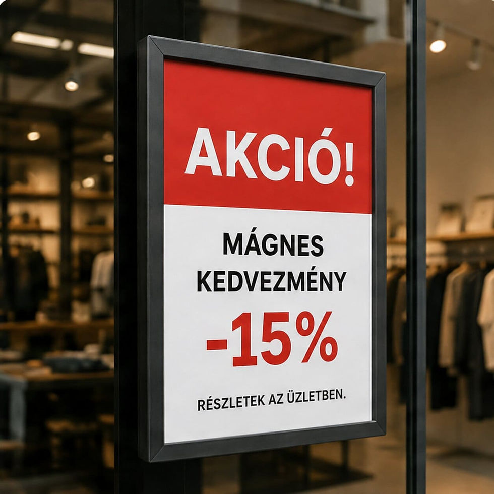 Akció! Mágnes kedvezmény -15% hirdetés egy üzlet kirakatában.