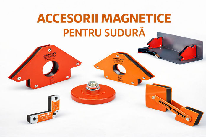 Această imagine prezintă o gamă variată de accesorii magnetice pentru sudură, concepute pentru poziționarea și fixarea precisă a pieselor metalice în timpul lucrului. Produsele includ suporturi magnetice triunghiulare, unghiulare și circulare, ideale pentru menținerea unghiurilor de 45°, 90° și 135°. Culorile intense și construcția robustă evidențiază durabilitatea și utilitatea acestor instrumente esențiale în ateliere de sudură și industrie.