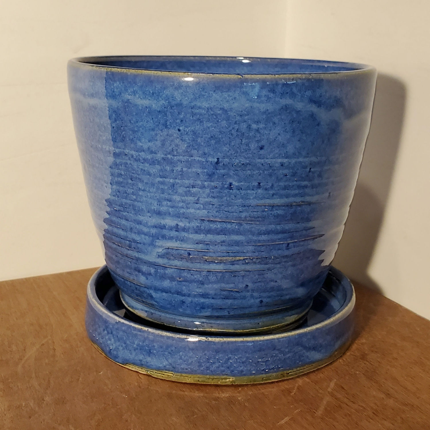 Pretty bright blue flower pot and matching saucer