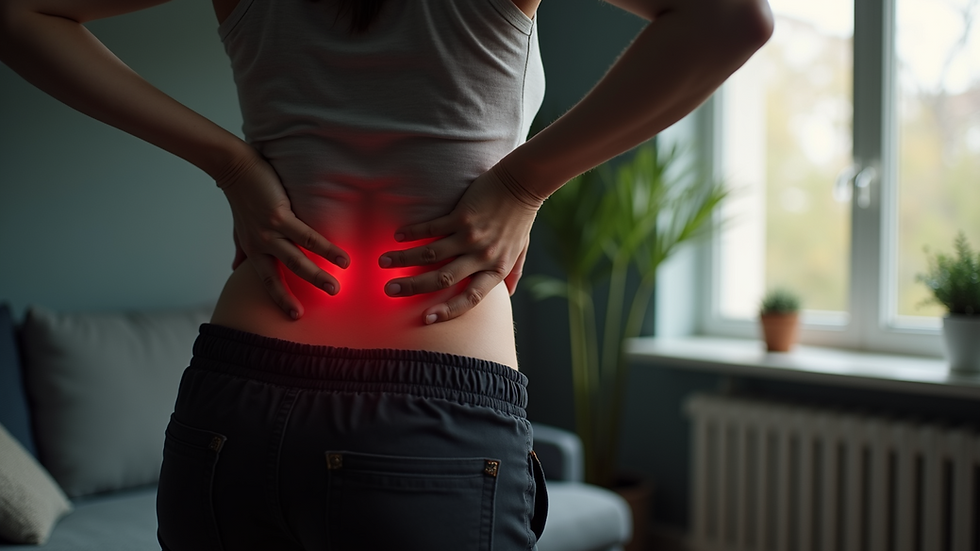 High angle view of a person holding their lower back in discomfort