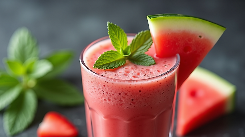 Close-up view of a watermelon smoothie in a glass with mint leaves