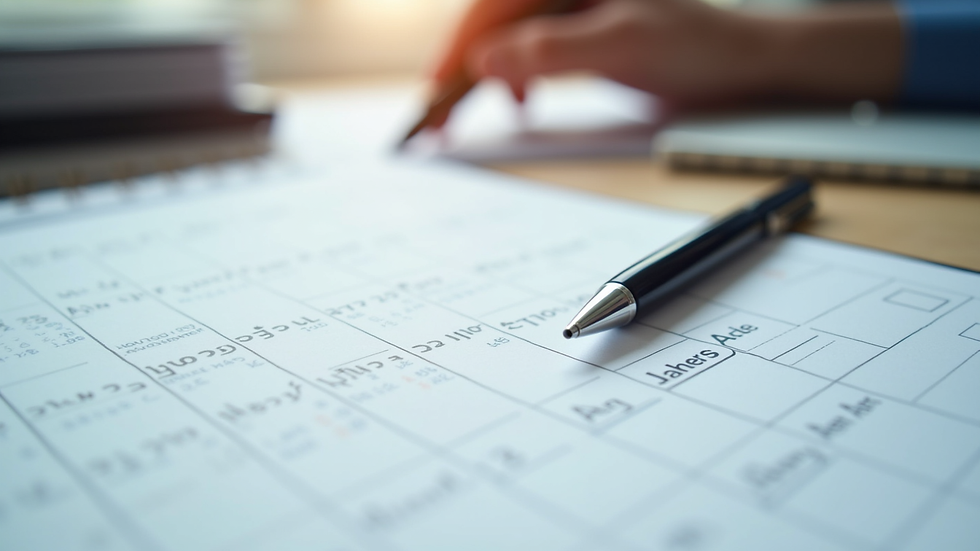 Close-up view of a calendar and a pen on a desk, symbolizing appointment scheduling