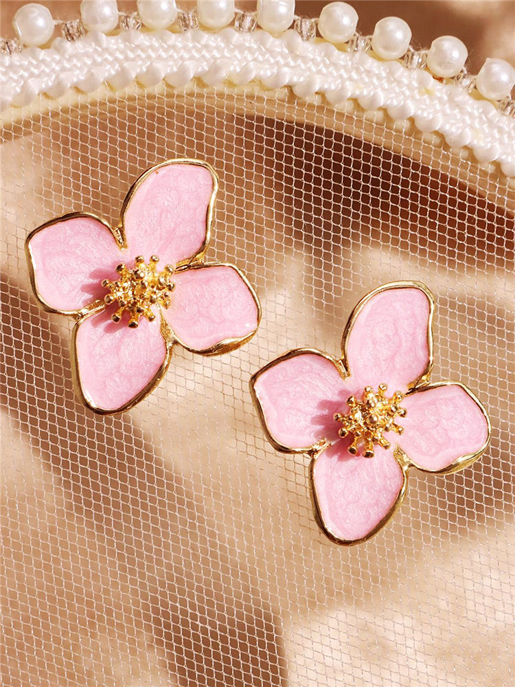 Thumbnail: Pink hibiscus bloom earrings with gold centers