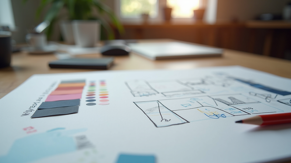 Close-up view of a designer’s desk with sketches and colour swatches