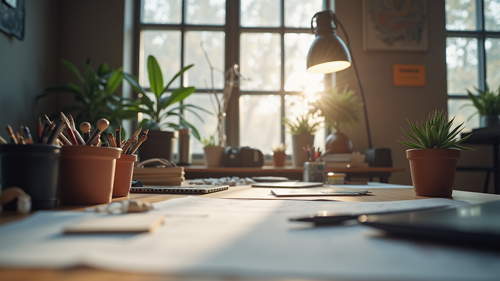 Eye-level view of a modern design studio workspace with creative tools