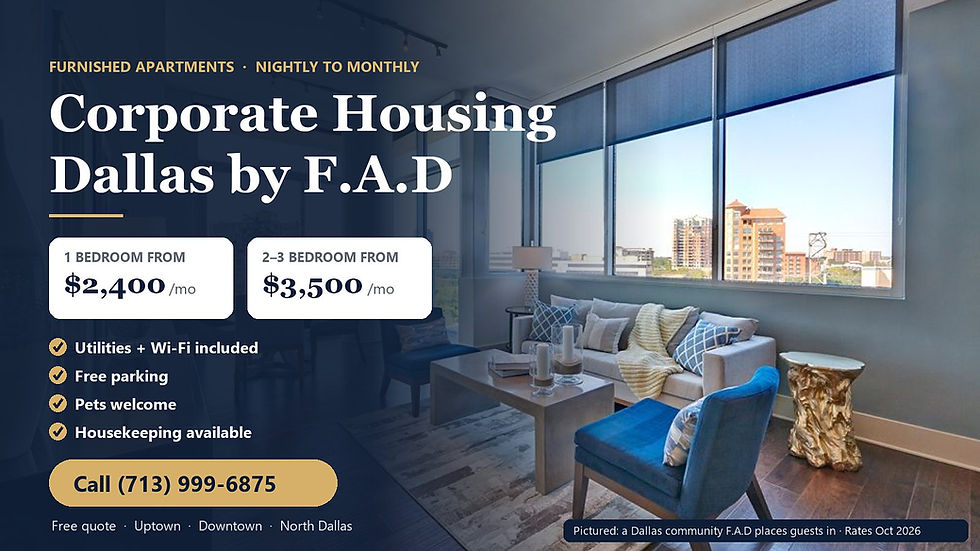 Corporate housing Dallas furnished apartment living room with a Dallas skyline view, F.A.D rates from $2,400 a month