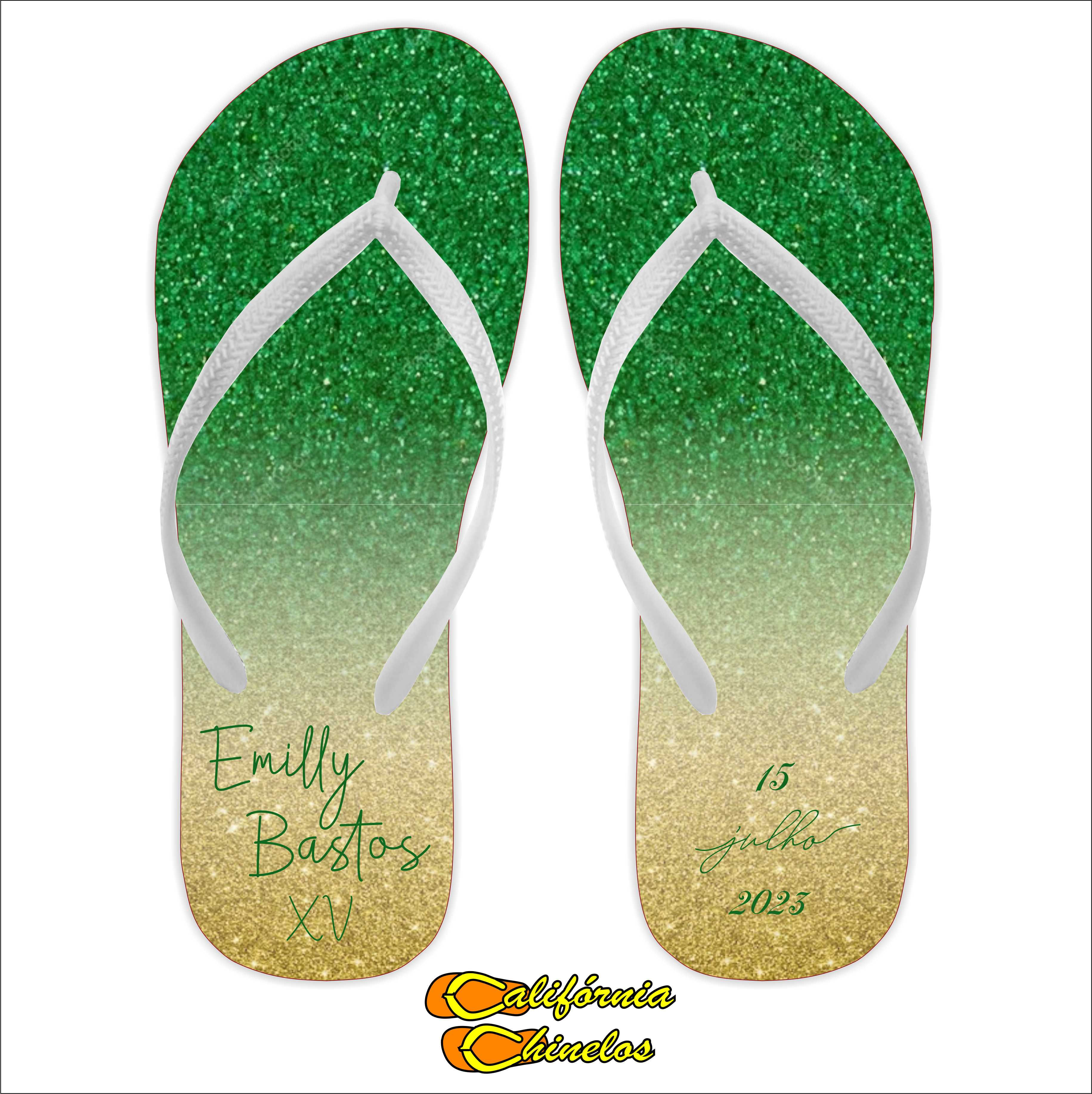 Chinelo Personalizado para Debutante Glitter Verde e Dourado