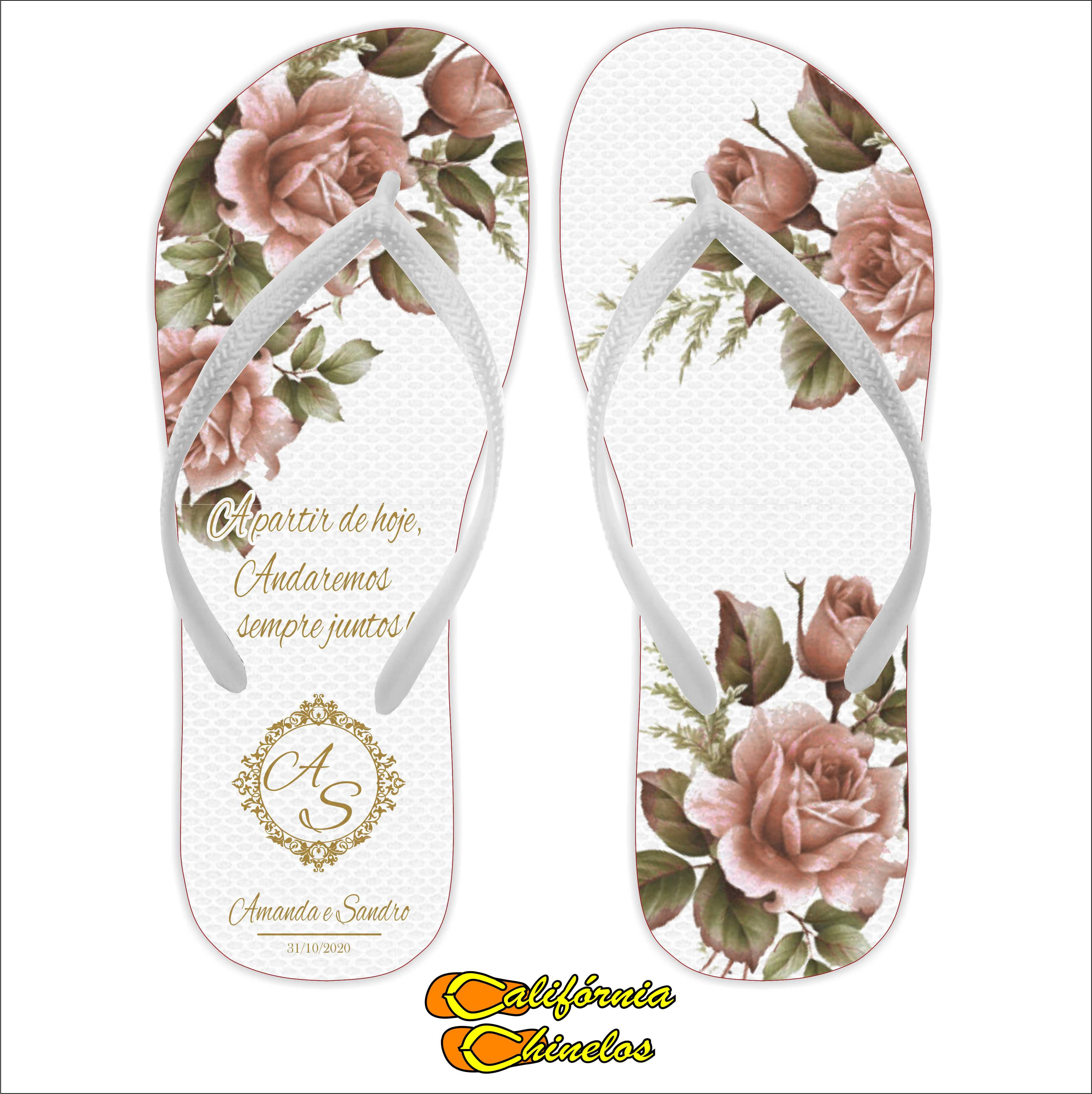Chinelo Personalizado para Casamento Rosa e Dourado