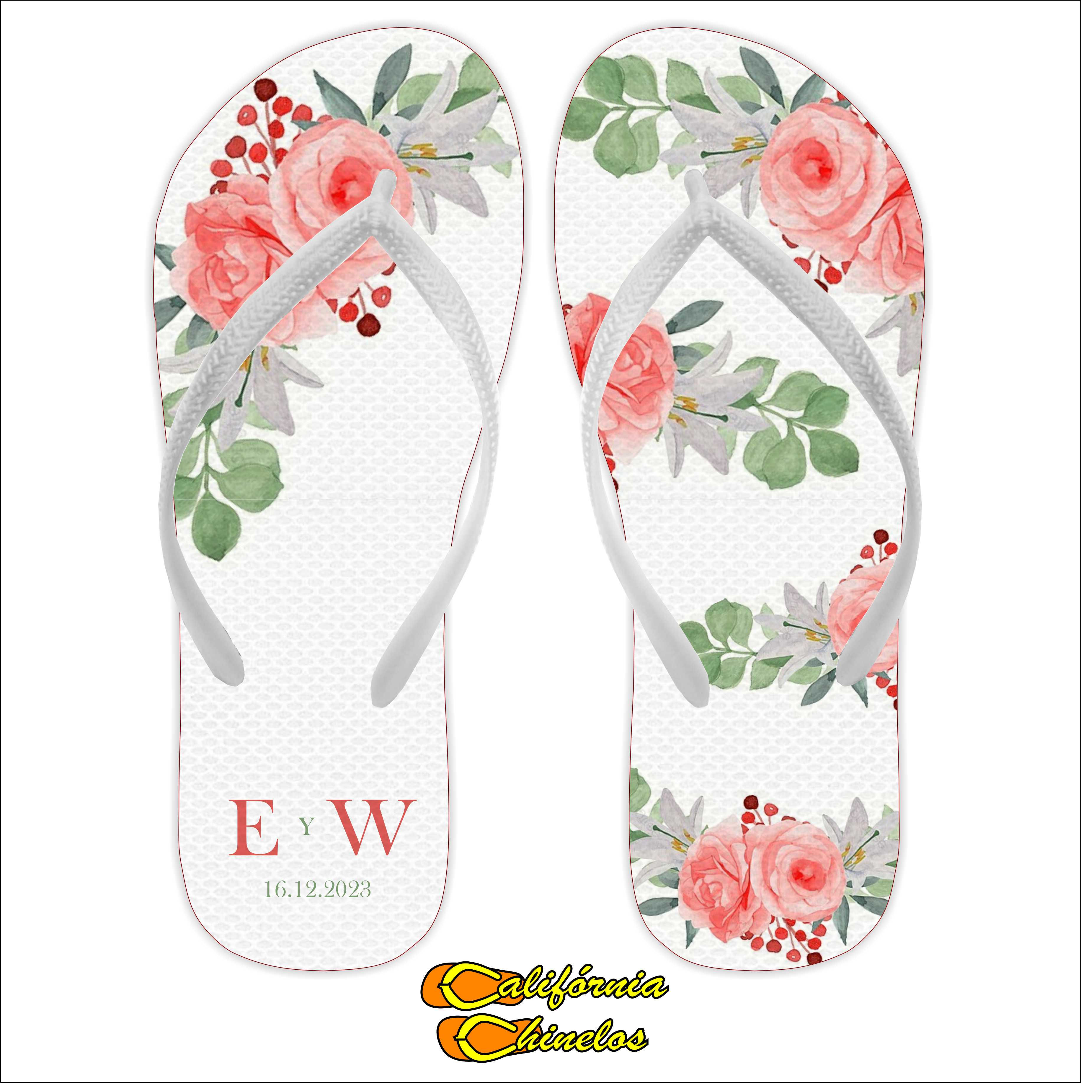 Chinelo Personalizado para Casamento Florido Salmão