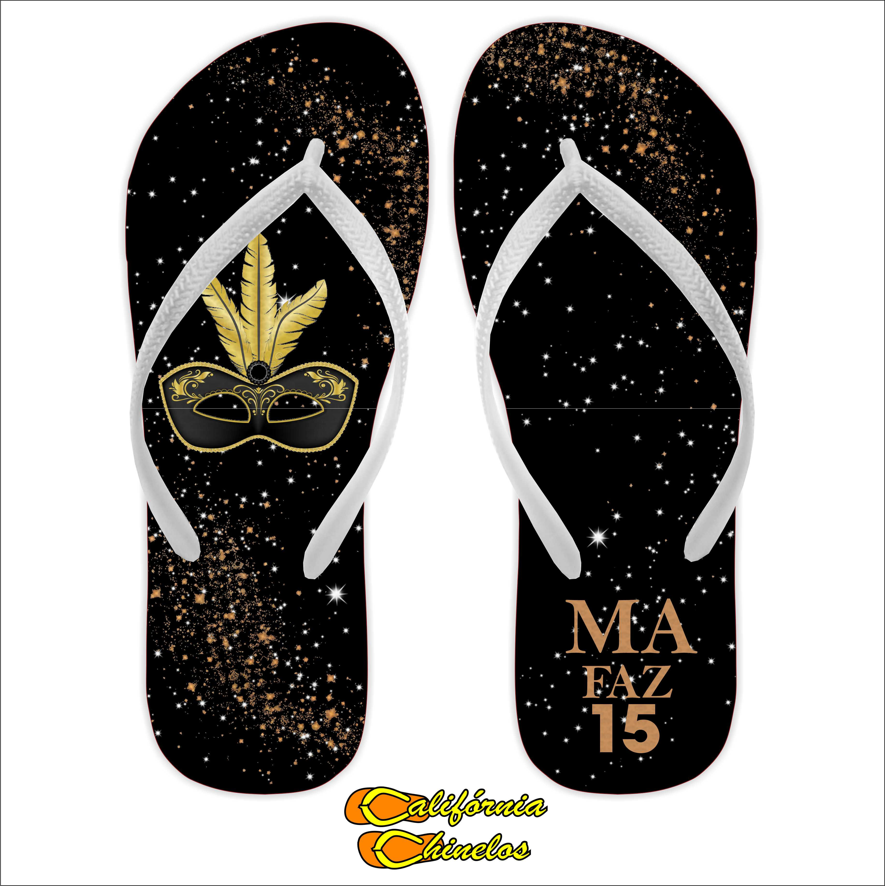 Chinelo Personalizado para Debutante Baile de Mascaras Preto