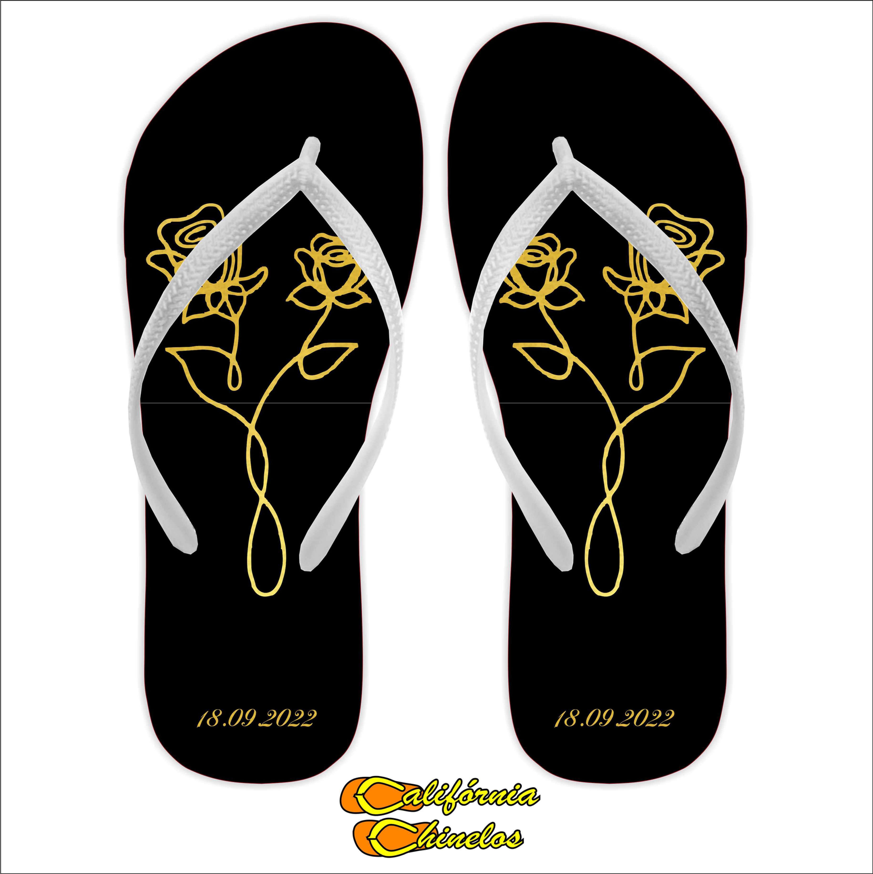 Chinelo Personalizado para Casamento Rosas Dourado e Preto