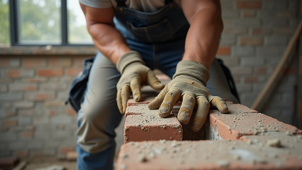 Eye-level view of a bricklayer repairing a block wall with mortar