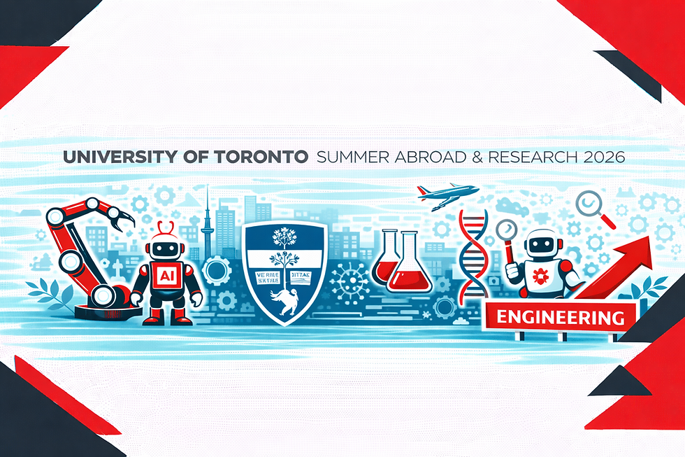Minimal horizontal black, red, and white promotional illustration for University of Toronto Summer Abroad & Research 2026, featuring robotics, AI, biomedical, and global research icons with bold geometric corner accents on a plain white background.