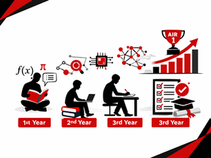 Minimal horizontal black, red, and white illustration showing 1st, 2nd, and 3rd year engineering students progressing toward an AIR 1 trophy with growth chart, tech icons, and geometric corner accents on a white background.
