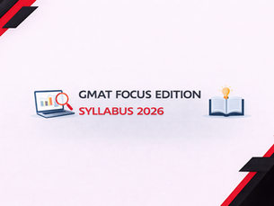 Minimalist horizontal banner with white background, black and red geometric corner accents, and central text reading “GMAT Focus Edition Syllabus 2026,” featuring subtle icons of a laptop and open book.