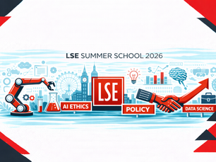 Minimal black, red, and white horizontal illustration featuring London skyline elements, AI and data icons, and geometric corner accents for LSE Summer School 2026.
