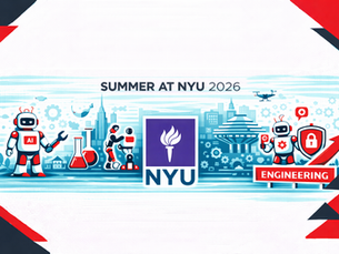 Horizontal black, red, and white promotional illustration for New York University Summer 2026, featuring humanoid robots, lab glassware, cybersecurity shield, AI icon, and a stylized New York skyline with the university torch emblem centered, framed by bold geometric corner accents on a plain white background.