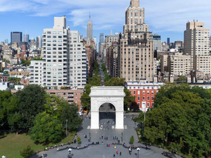 New York University campus near Washington Square Park, highlighting its urban setting and strong academic environment