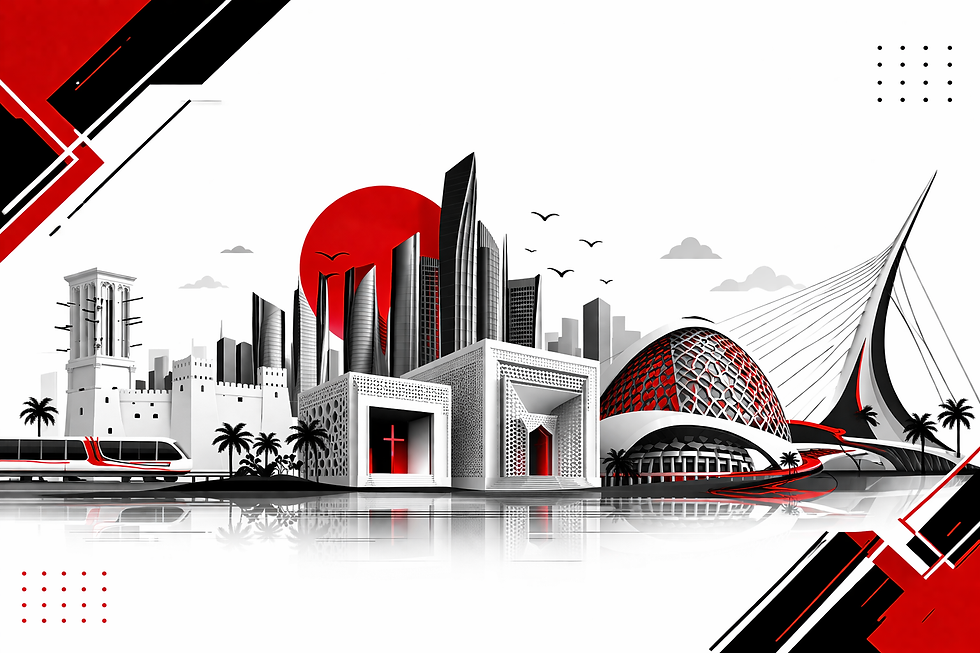 Modern city skyline with diverse futuristic buildings, red sun, birds, and palm trees. Monochrome with red accents, dynamic and sleek design.