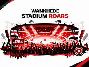 Minimal black, red, and white illustration of Wankhede Stadium with cheering crowd, lights, and sound wave graphics representing the stadium roar during a cricket match. 🏟️🏏