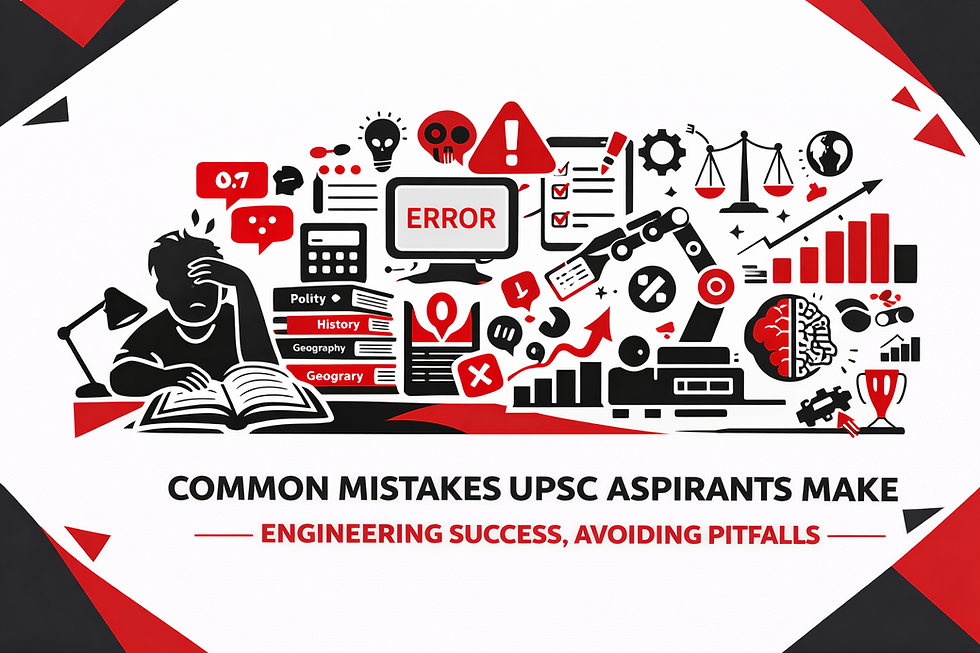 Minimal black, red, and white horizontal illustration showing common UPSC preparation mistakes with study clutter, AI, analysis, and strategy symbols.