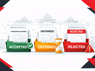 Minimal horizontal black, red, and white vector illustration showing three university admission outcomes—Accepted, Deferred, and Rejected—represented by stacked admission letters in labeled trays, with subtle academic icons and abstract campus silhouettes on a plain white background.