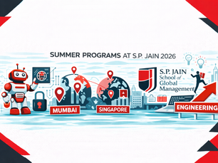 Horizontal flat-style digital illustration in a black, red, and white theme promoting S.P. Jain summer programs 2026. The background is plain white with bold red and black geometric shapes placed in alternate corners. In the center, large headline text reads “Summer Programs at S.P. Jain 2026.” Visual elements include a red-and-white robot holding a tablet with a globe icon, two world globes marked with location pins labeled “Mumbai” and “Singapore,” a cybersecurity lock symbol, lightbulb icons representing innovation, a city skyline silhouette, and an upward red arrow labeled “Engineering.” The S.P. Jain School of Global Management logo appears on the right side.