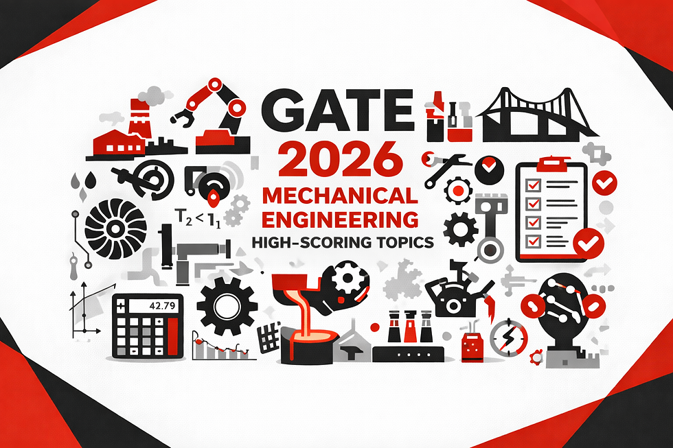Minimalist black, red, and white horizontal illustration for GATE 2026 Mechanical Engineering featuring gears, turbine, robotic arm, calculator, and checklist icons on a plain white background with geometric corner accents.