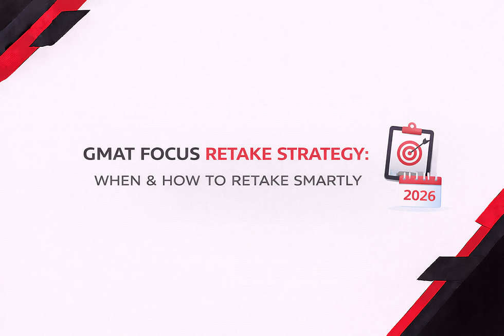 Minimalist horizontal banner on a white background with black and red geometric corner accents, featuring the title “GMAT Focus Retake Strategy: When & How to Retake Smartly” and a simple target-and-calendar icon marked 2026.