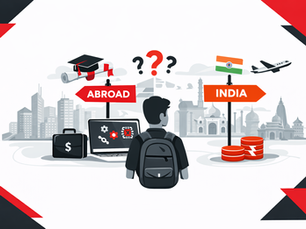 Minimalist black, red, and white horizontal illustration showing an engineer deciding between staying abroad or returning to India after a foreign postgraduate degree, with global cityscapes, career symbols, and directional signposts on a white background.
