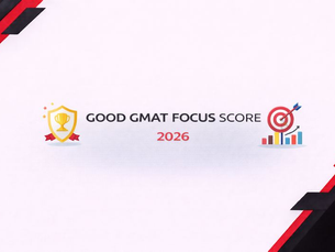 Minimal horizontal banner for GMAT Focus 2026 featuring a black, red, and white theme with geometric corner accents, achievement and target icons, and modern typography on a plain white background.