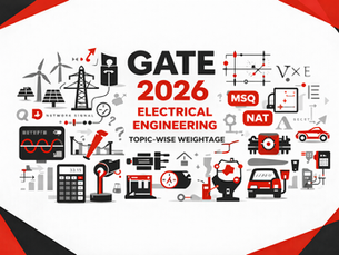 Minimalist black, red, and white horizontal illustration for GATE 2026 Electrical Engineering showing power grid, EV, renewable energy, circuit, MSQ/NAT, and calculator icons on a clean white background with geometric corner accents.