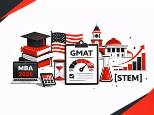 Minimalist horizontal illustration in black, red, and white showing MBA in USA with GMAT requirements—GMAT score gauge, STEM lab flask, U.S. university buildings, American flag elements, rising career graph, and academic icons on a plain white background with geometric accents.