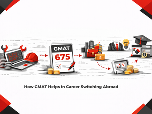 Minimal black, red, and white horizontal illustration showing an engineer’s career transition abroad, with a GMAT score at the center connecting technical tools to global management and business roles, framed by clean geometric corner accents.