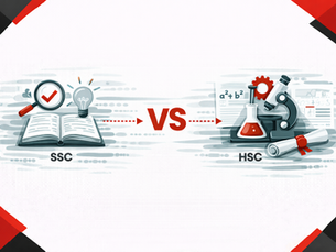 Minimalist horizontal illustration in black, red, and white showing SSC vs HSC academic comparison, with geometric corner elements and symbols representing exams, engineering preparation, and study abroad readiness.