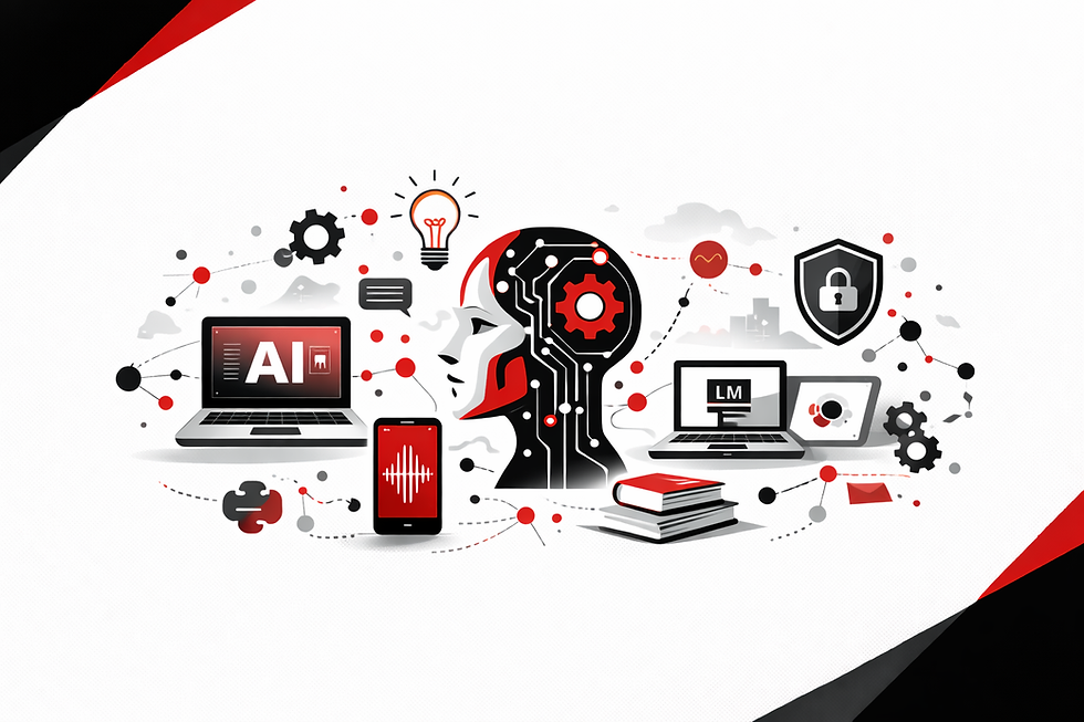 Minimal horizontal illustration for offline AI tools for students in 2026, featuring a local AI head, laptops, mobile devices, security icons, and study elements in a black, red, and white theme with geometric corner accents.