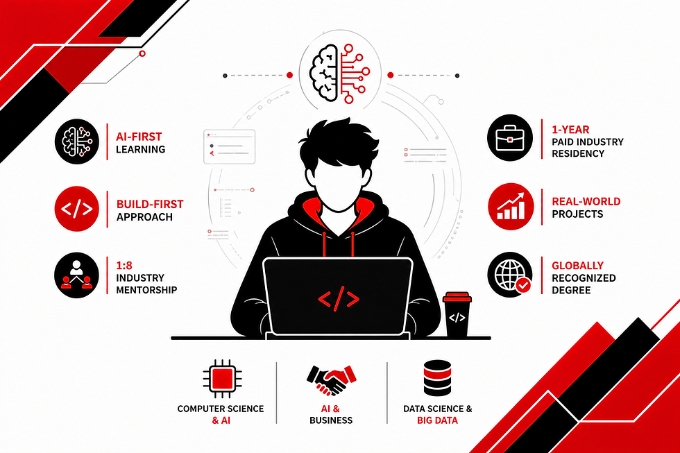Person at laptop with code icon, surrounded by AI and tech concepts. Red and black theme with text: AI-First, Build-First, Mentorship.