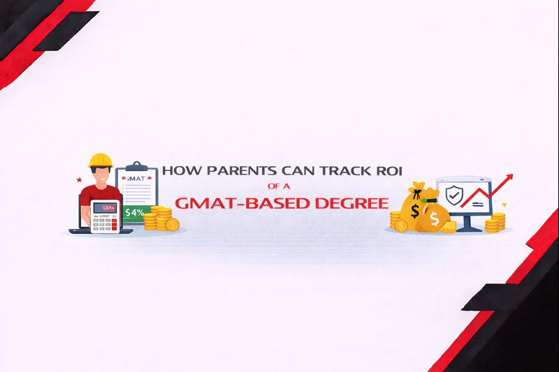 Minimalist black, red, and white banner illustrating how parents can track the ROI of a GMAT-based degree, featuring engineering, finance, and career growth visuals on a white background.