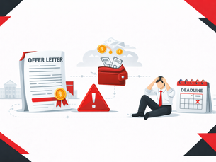 Minimalist black, red, and white illustration showing a university offer letter, an empty wallet, a warning symbol, and a stressed student beside a deadline calendar, representing financial shortfall after receiving a study abroad offer.