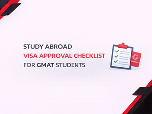 Minimalist horizontal banner on a white background with black and red geometric corner accents, featuring bold text “Study Abroad Visa Approval Checklist for GMAT Students” and a simple clipboard and passport illustration.