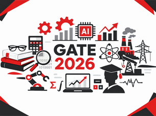 Minimalist GATE 2026 preparation illustration with black and red geometric elements on a white background.