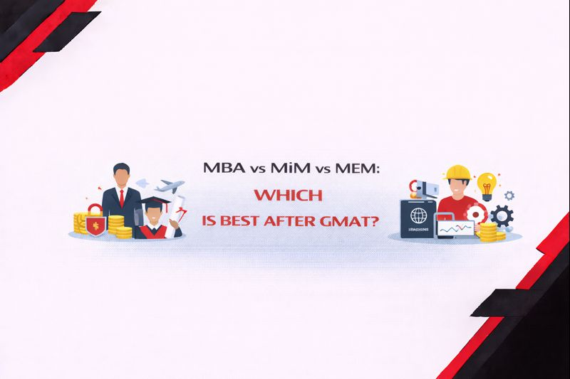 Minimal black, red, and white horizontal banner comparing MBA, MiM, and MEM after GMAT, featuring clean geometric accents and simple visuals representing business, management, and engineering career paths.