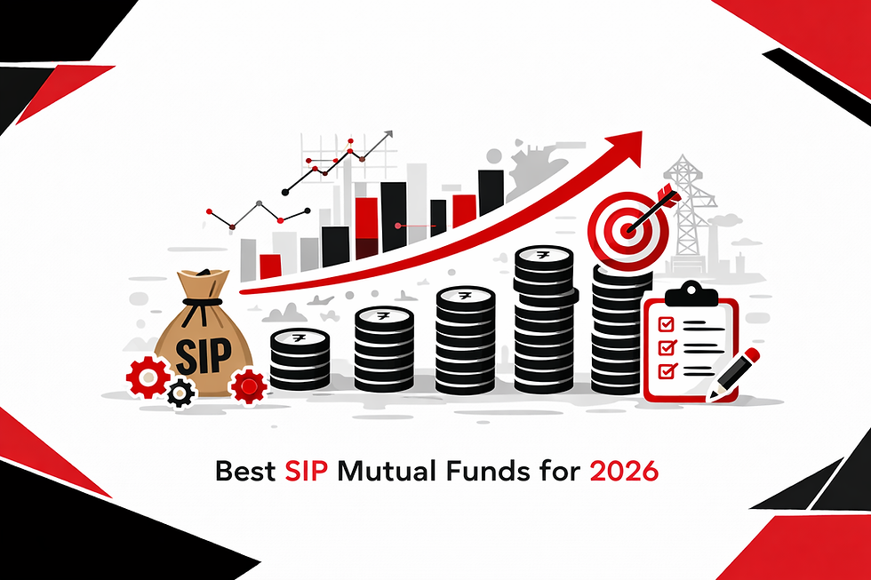 Minimalist black, red, and white illustration showing SIP investment growth with rising coin stacks and financial charts.