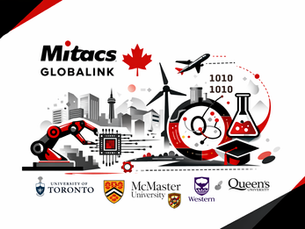 Minimal black, red, and white horizontal illustration representing the Mitacs Globalink research internship across Ontario universities with engineering and innovation visuals.