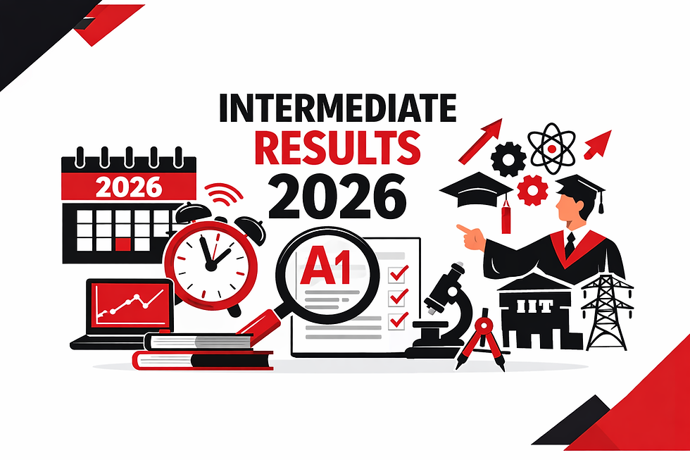 Graduation-themed collage with "Intermediate Results 2026." Icons of a clock, books, graduate, calendar, and checklists in red, black, and white.