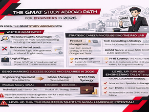 Horizontal black, red, and white infographic showing the GMAT Study Abroad Path for Engineers in 2026, highlighting Data Insights advantage, career pivots into product management and consulting, STEM MBA benefits, and GMAT score and salary benchmarks.