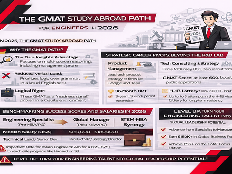 Horizontal black, red, and white infographic showing the GMAT Study Abroad Path for Engineers in 2026, highlighting Data Insights advantage, career pivots into product management and consulting, STEM MBA benefits, and GMAT score and salary benchmarks.