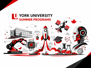 Minimal black, red, and white horizontal illustration representing York University Summer Programs with engineering, space, and AI visuals.